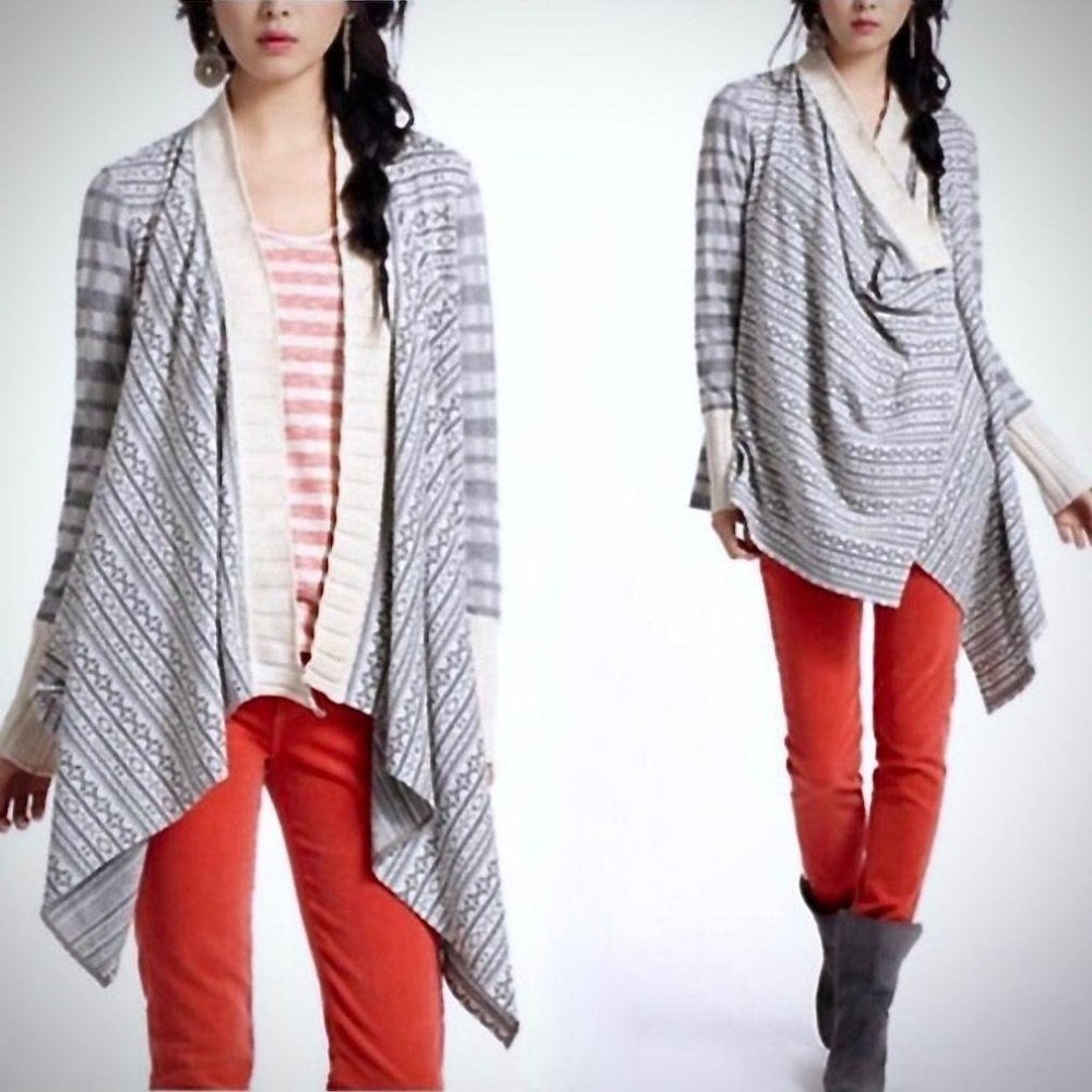 Anthropologie Tiny Intarsia Fair Isle Open Cardigan S Cotton Gray Long Sleeve